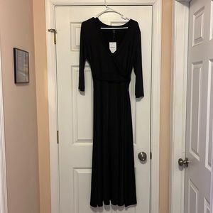 3/4 quarter sleeve belted black maxi dress brand new